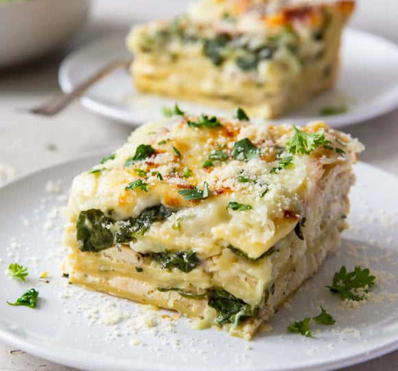 Pesto Chicken, Artichoke, and Spinach Lasagna